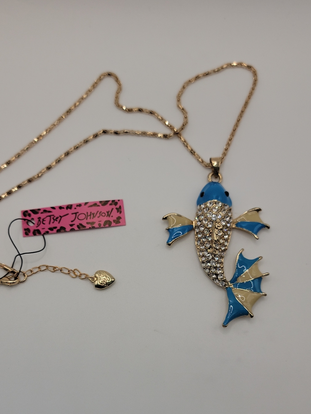 Betsey Johnson Gold-Tone Koi Fish Necklace with Blue Enamel 28" Chain